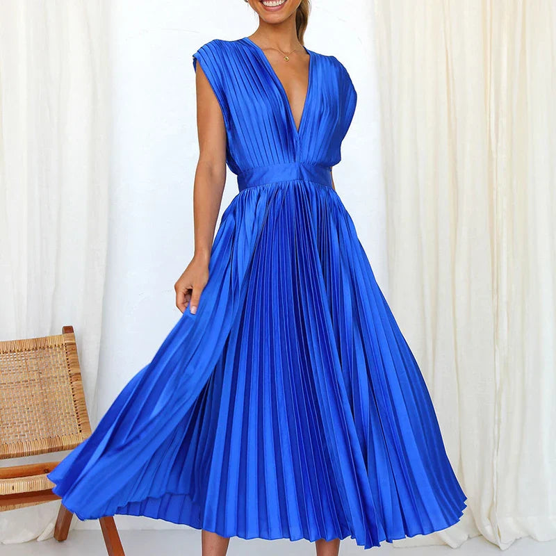 Norevyn | Elegante dames geplooide maxi jurk – Zwierige lange jurk met V-hals