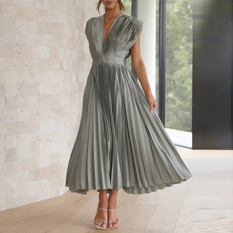Norevyn | Elegante dames geplooide maxi jurk – Zwierige lange jurk met V-hals