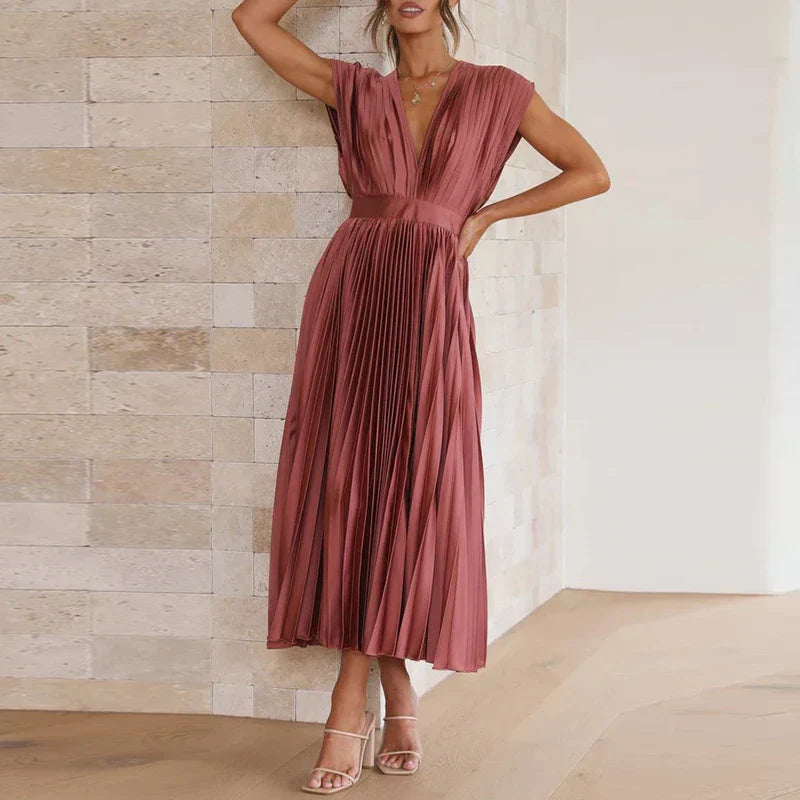 Norevyn | Elegante dames geplooide maxi jurk – Zwierige lange jurk met V-hals
