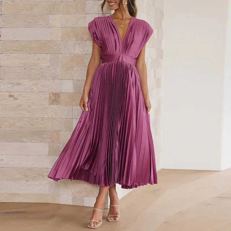 Norevyn | Elegante dames geplooide maxi jurk – Zwierige lange jurk met V-hals