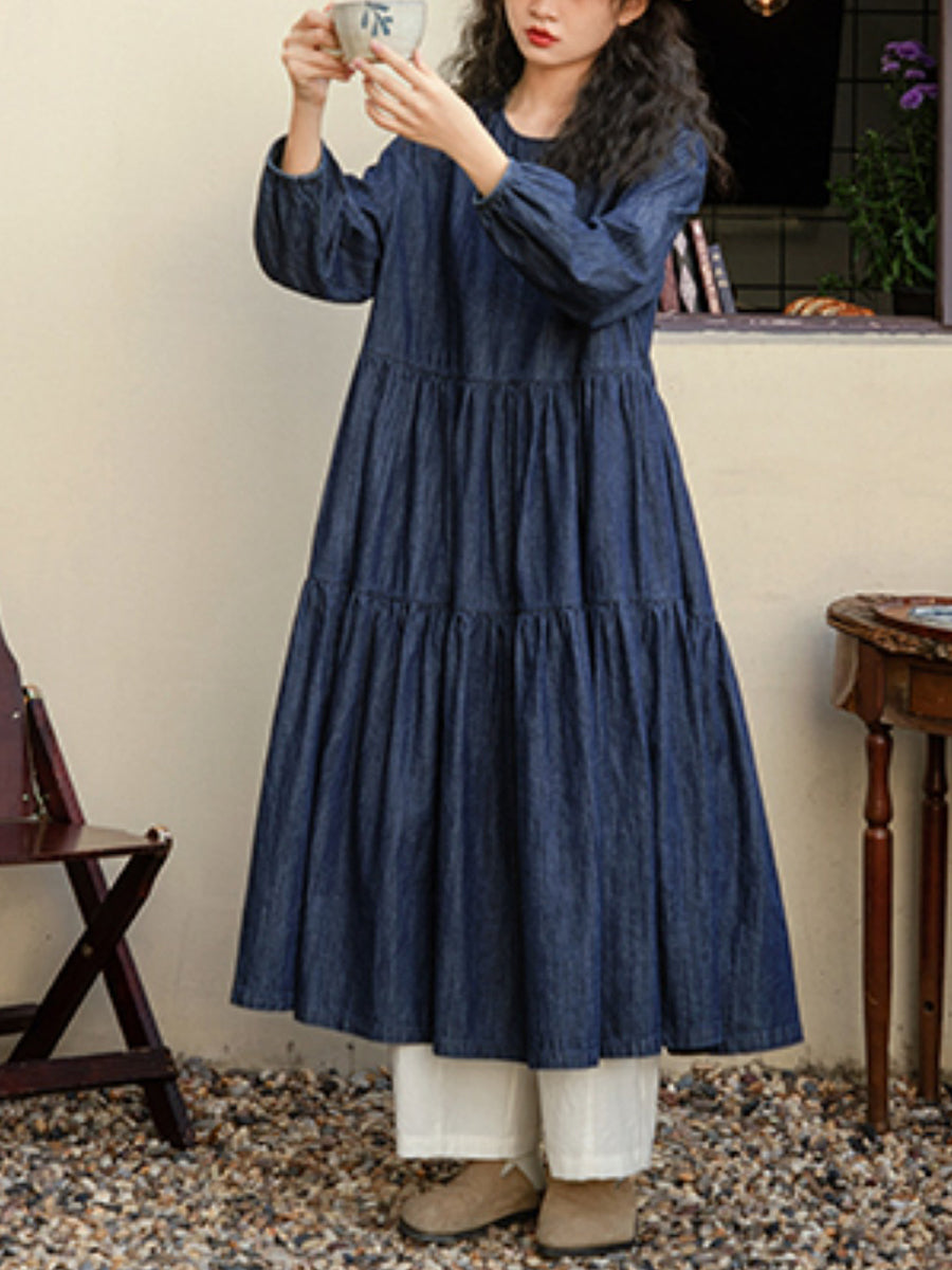 Veyria | Dames denim jurk met losse pasvorm, lange mouwen, casual lentjurk