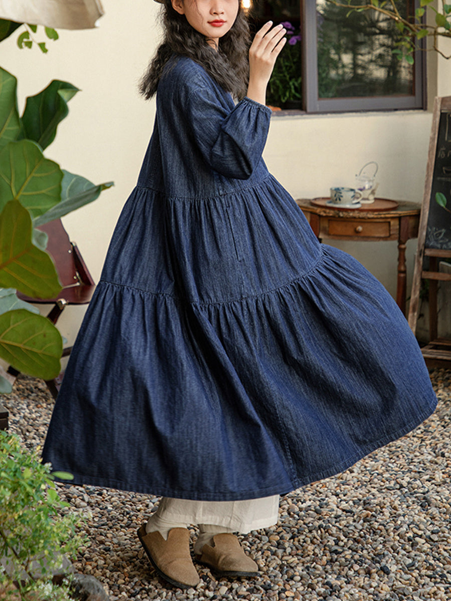 Veyria | Dames denim jurk met losse pasvorm, lange mouwen, casual lentjurk