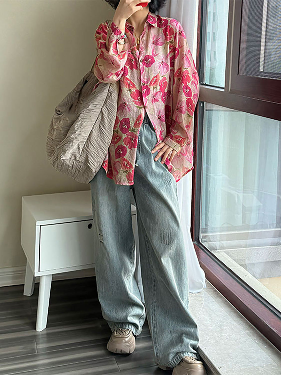 Velina | Dames Blouse in Grote Maat met Bloemenprint – Artistieke Zomerblouse, Omgeslagen Kraag