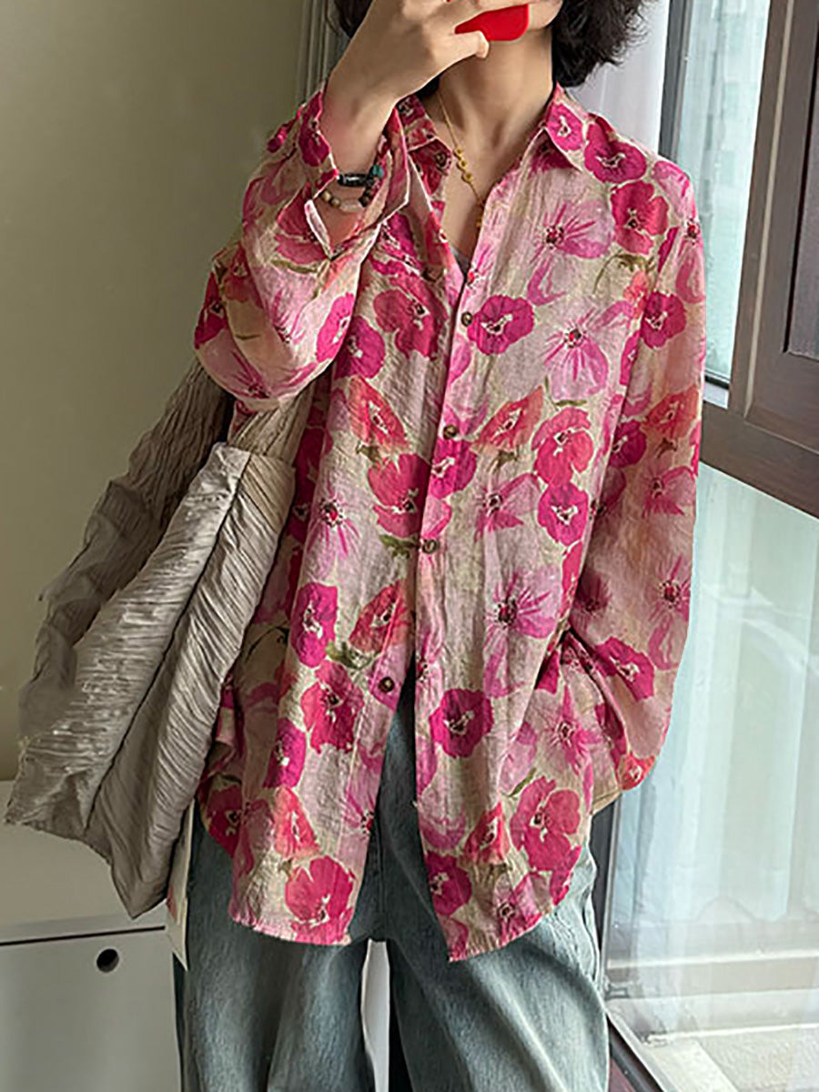 Velina | Dames Blouse in Grote Maat met Bloemenprint – Artistieke Zomerblouse, Omgeslagen Kraag
