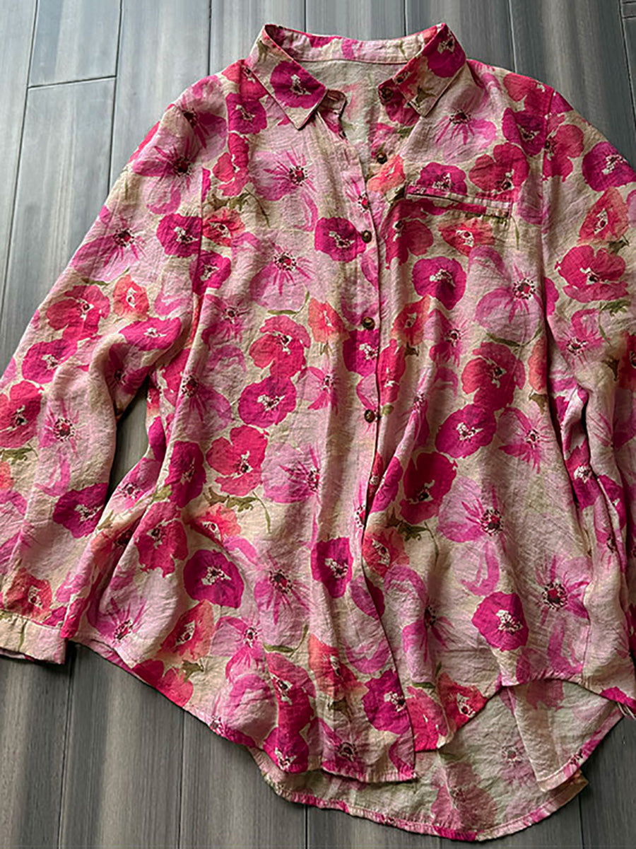 Velina | Dames Blouse in Grote Maat met Bloemenprint – Artistieke Zomerblouse, Omgeslagen Kraag