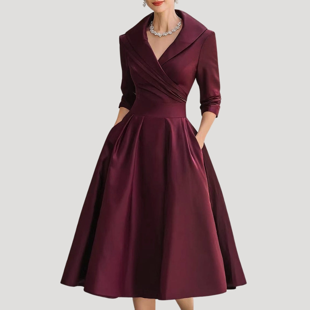 Aria | Klassieke midi-wikkeljurk voor dames – Elegant model met V-hals en lange mouwen