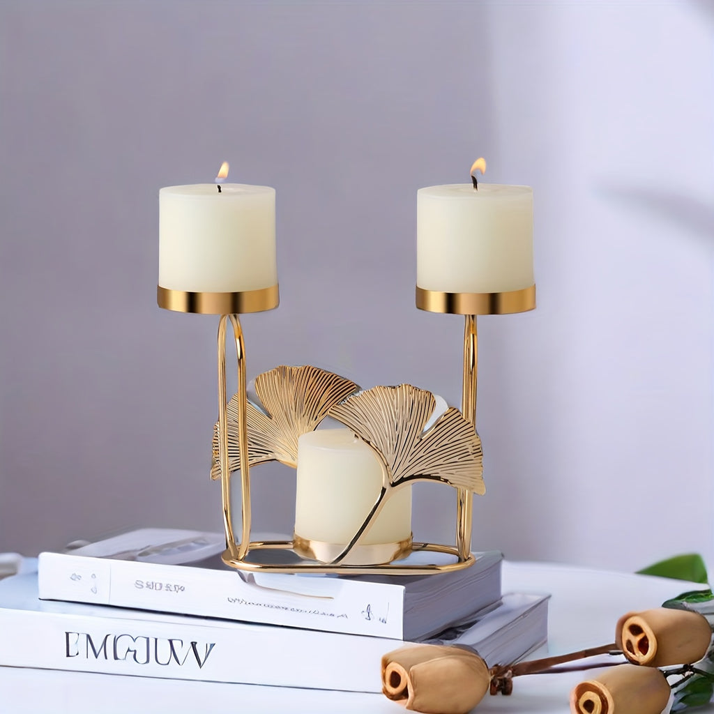TrinityLeaf | Elegante 3-koppige Ginkgo Blad Kaarshouder - Metalen Tafel Decoratie