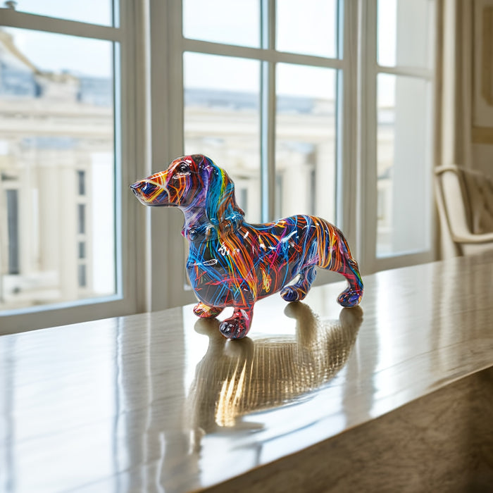 HueHound | Kleurrijk Teckelbeeldje - Speels Huisdecor, Uniek Decoratief Beeldje