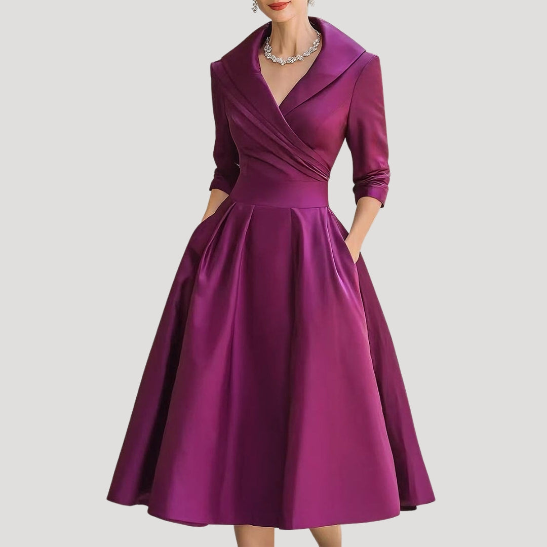 Aria | Klassieke midi-wikkeljurk voor dames – Elegant model met V-hals en lange mouwen