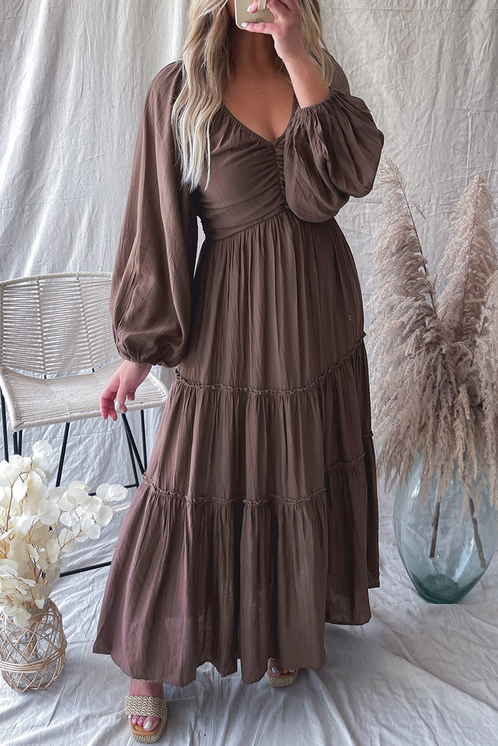 Sinae | Dames V-hals Maxi Jurk met Cut-Out – Boho Avondjurk met Strikdetail en Franjes