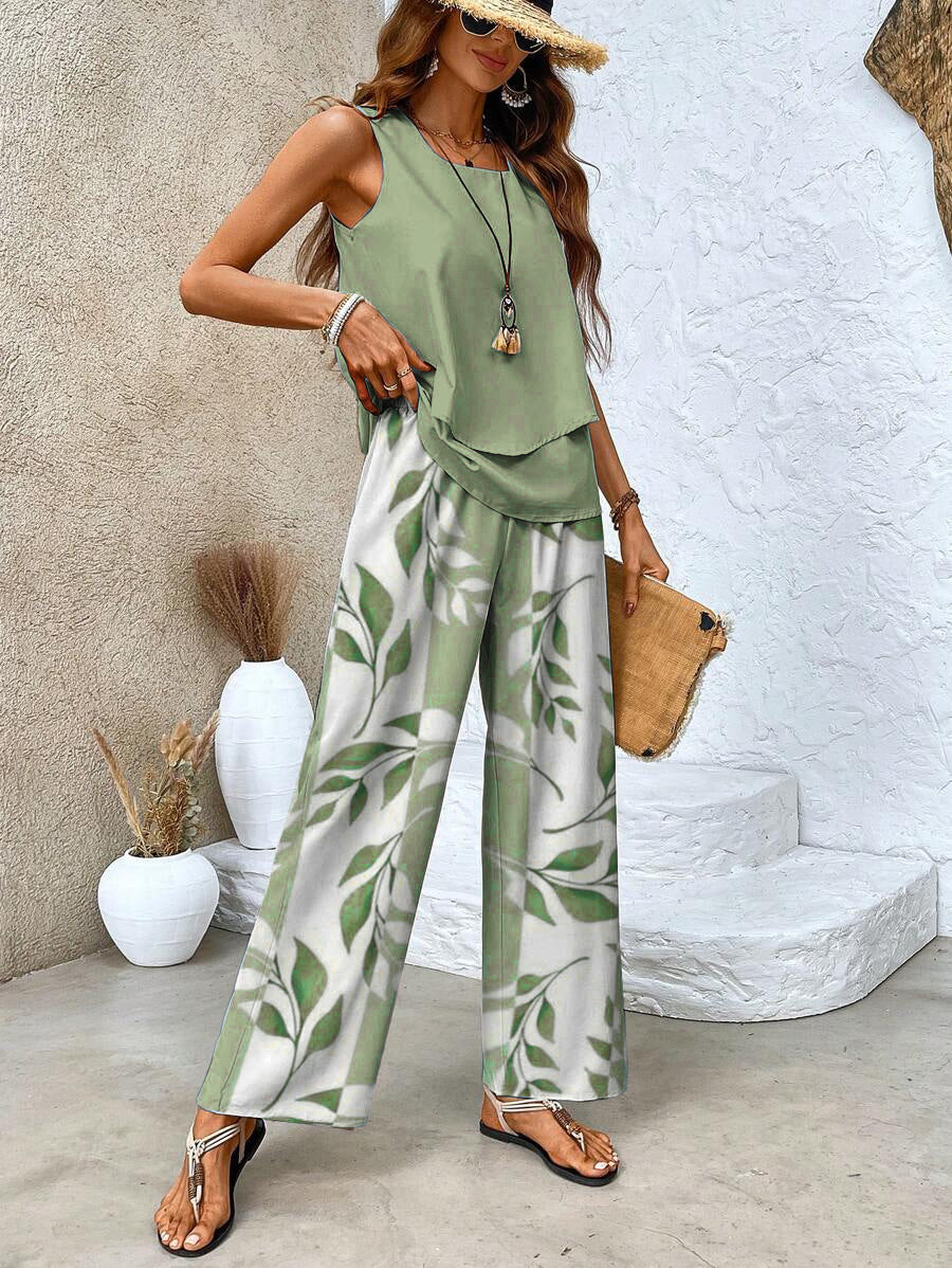 Zevarina | Dames 2-Delige Casual Set – Mouwloze Top & Bedrukte Broeken Matching Set