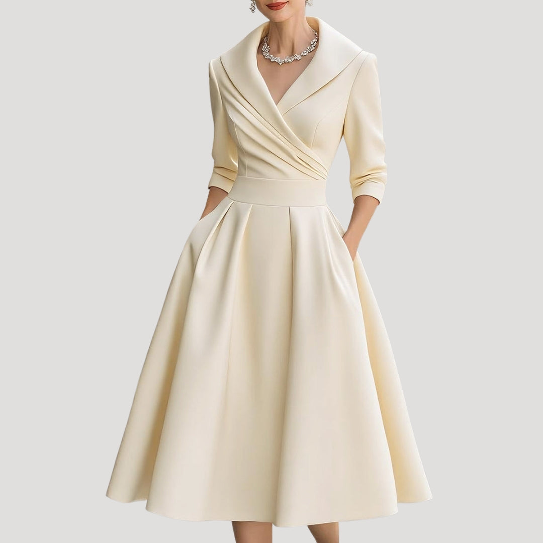 Aria | Klassieke midi-wikkeljurk voor dames – Elegant model met V-hals en lange mouwen