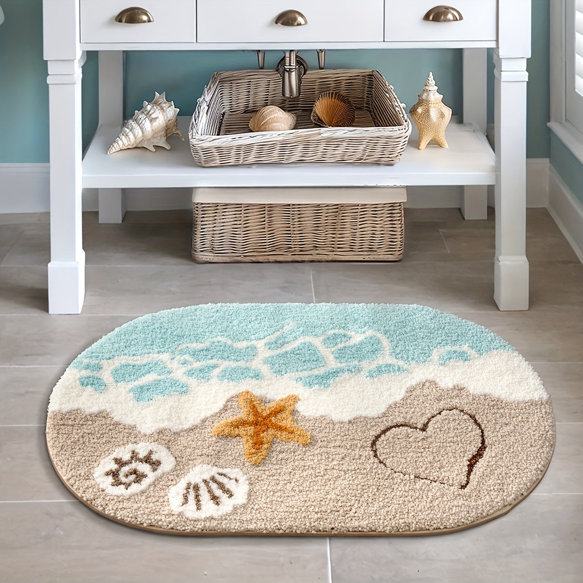 ShoreStep | Pluizige Ovale Badmat – Antislip en Waterabsorberend, Badkamermat met Strandschelpenpatroon