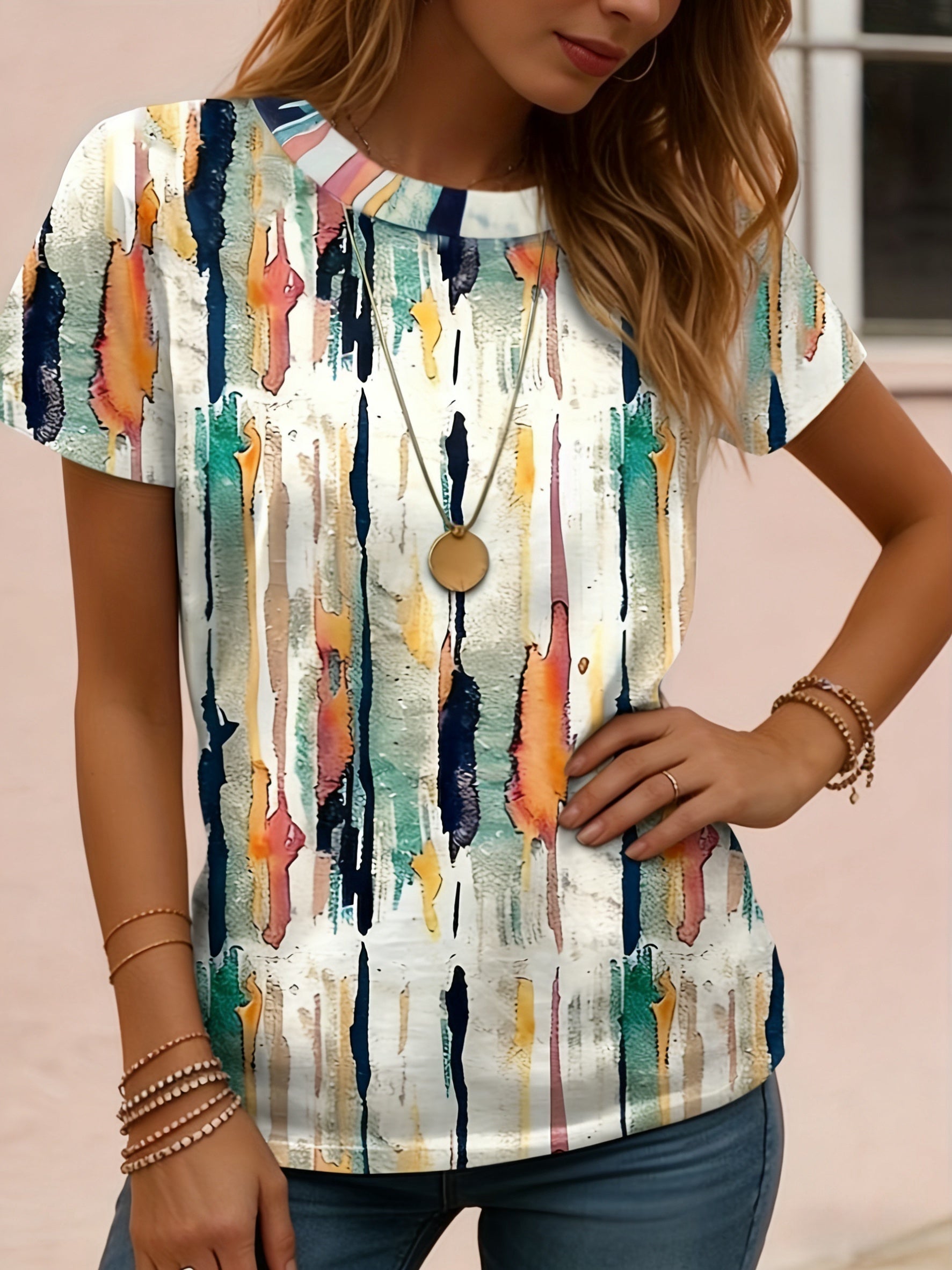 Rumi | Casual T-shirt met print voor dames – Zomertop met geometrische, abstracte strepen