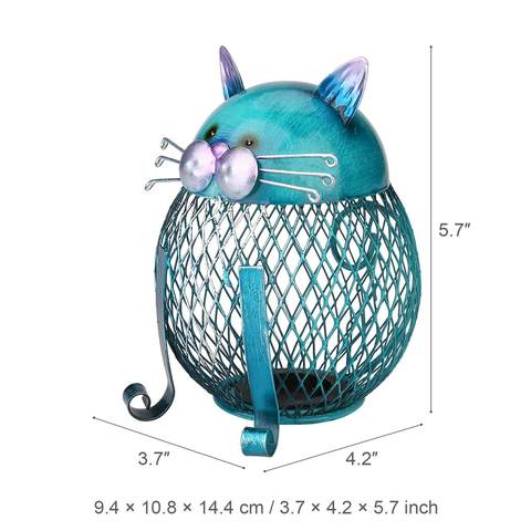 PurrBank | Blauwe Kitty Spaarpot – Artistieke Spaarpot van IJzer, Verzilverd voor Muntenopslag