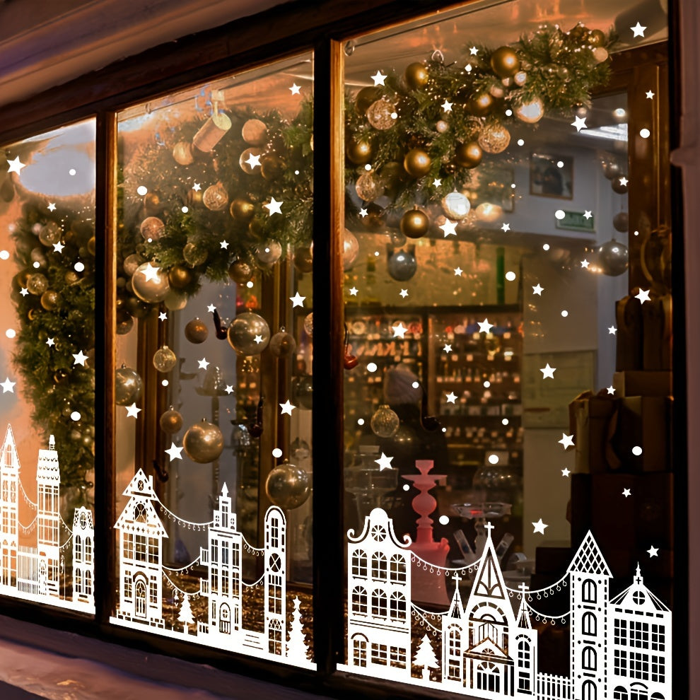 CastleGlow | 9-delige kerststickers voor ramen – Sneeuwkasteel PVC, geen batterijen nodig