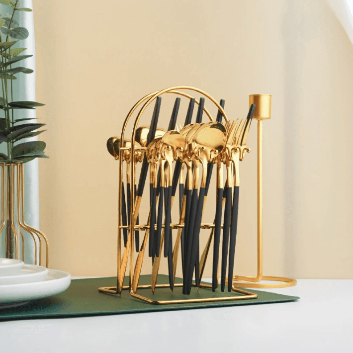 SteelServe | 24-delige roestvrijstalen servies set met opbergrek – borden, kommen, kopjes en keukengerei