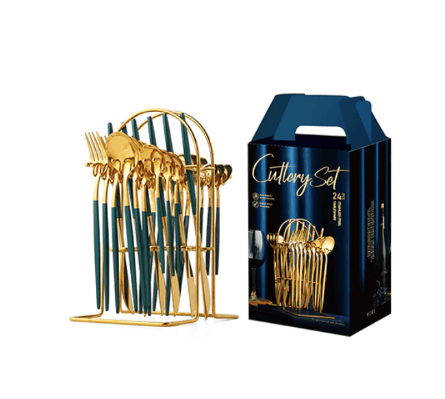 SteelServe | 24-delige roestvrijstalen servies set met opbergrek – borden, kommen, kopjes en keukengerei