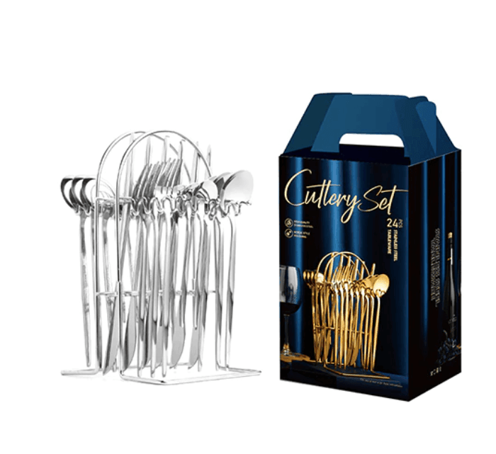 SteelServe | 24-delige roestvrijstalen servies set met opbergrek – borden, kommen, kopjes en keukengerei