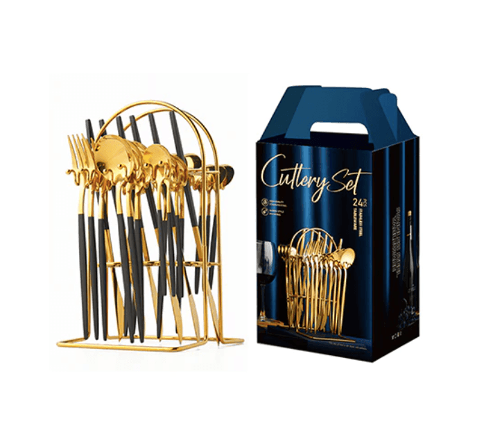 SteelServe | 24-delige roestvrijstalen servies set met opbergrek – borden, kommen, kopjes en keukengerei