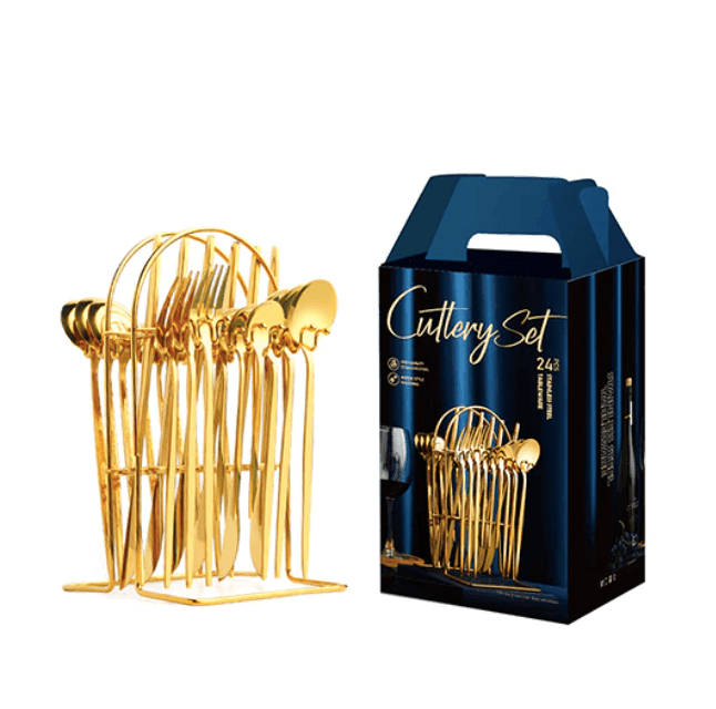 SteelServe | 24-delige roestvrijstalen servies set met opbergrek – borden, kommen, kopjes en keukengerei