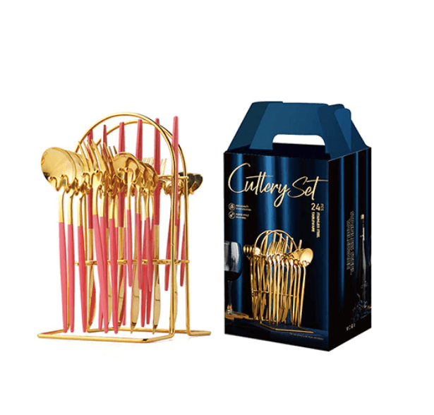 SteelServe | 24-delige roestvrijstalen servies set met opbergrek – borden, kommen, kopjes en keukengerei