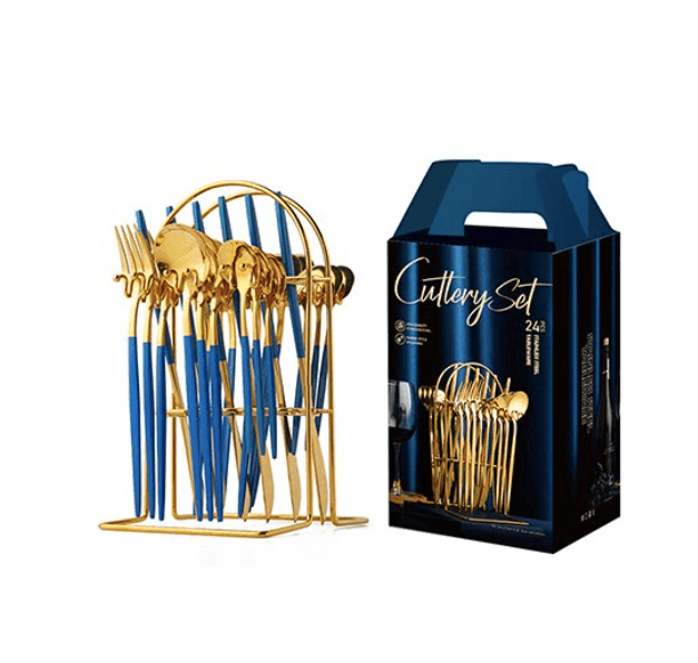 SteelServe | 24-delige roestvrijstalen servies set met opbergrek – borden, kommen, kopjes en keukengerei