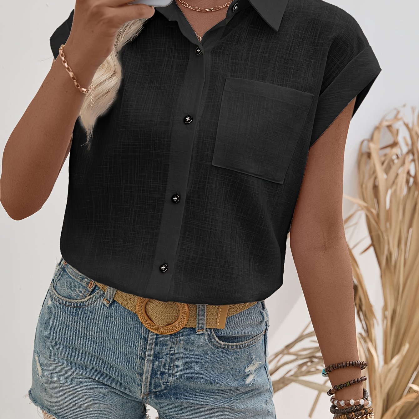 Elaria | Mouwloze Bamboe Gestreepte Blouse – Knoopsluiting Zomertop, Lichtgewicht Shirt