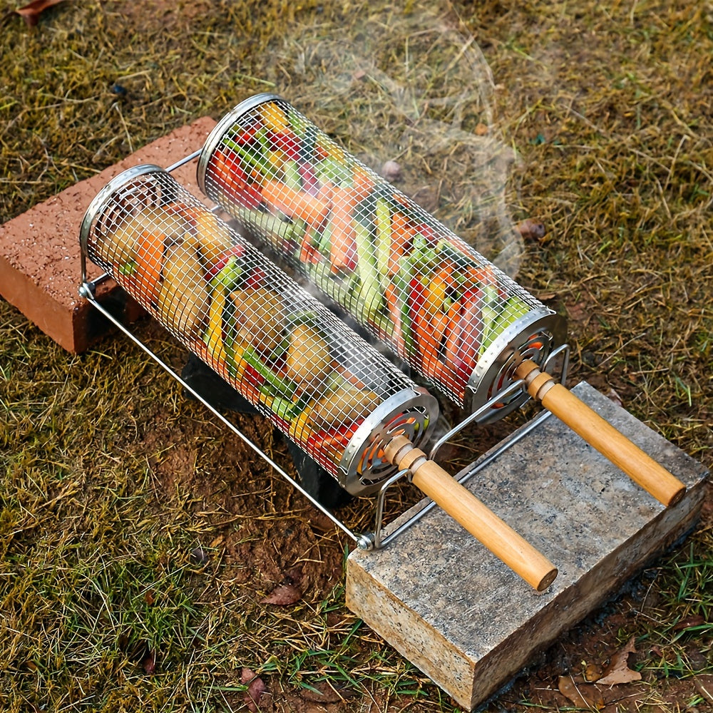 BBQSpin | RVS Grillmanden 2 stuks – Afneembare Houten Handgrepen, Rooster voor Groenten