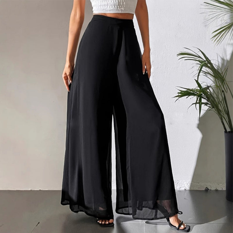 Roselia | Lichte zomerbroek voor dames – Soepelvallende palazzo met wijde pijpen van chiffon