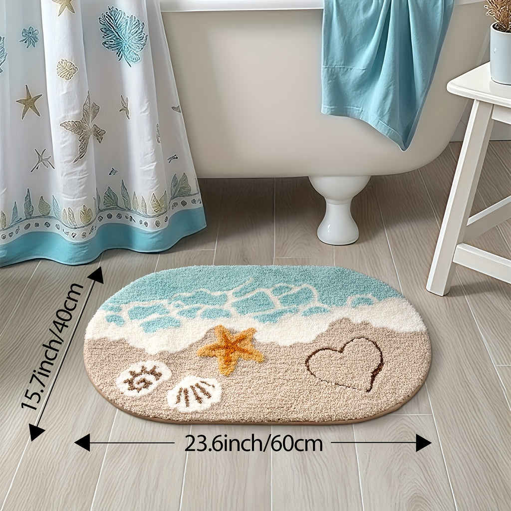 ShoreStep | Pluizige Ovale Badmat – Antislip en Waterabsorberend, Badkamermat met Strandschelpenpatroon