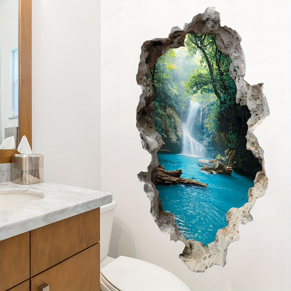 AquaVista | 3D Waterval Bos Muursticker – Waterdichte Badkamer Decal, Zelfklevende Natuur Muurdecoratie
