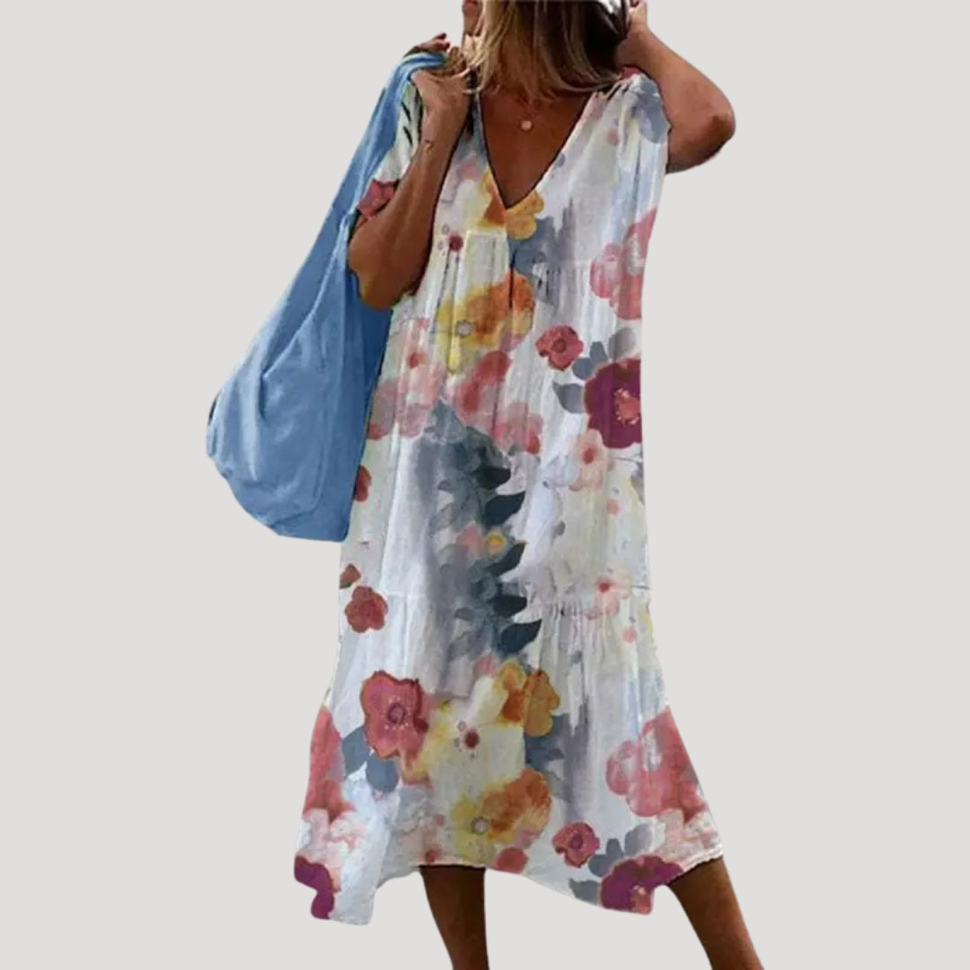 Zomi | Midi-jurk van linnen en katoen voor dames – V-hals zomerjurk