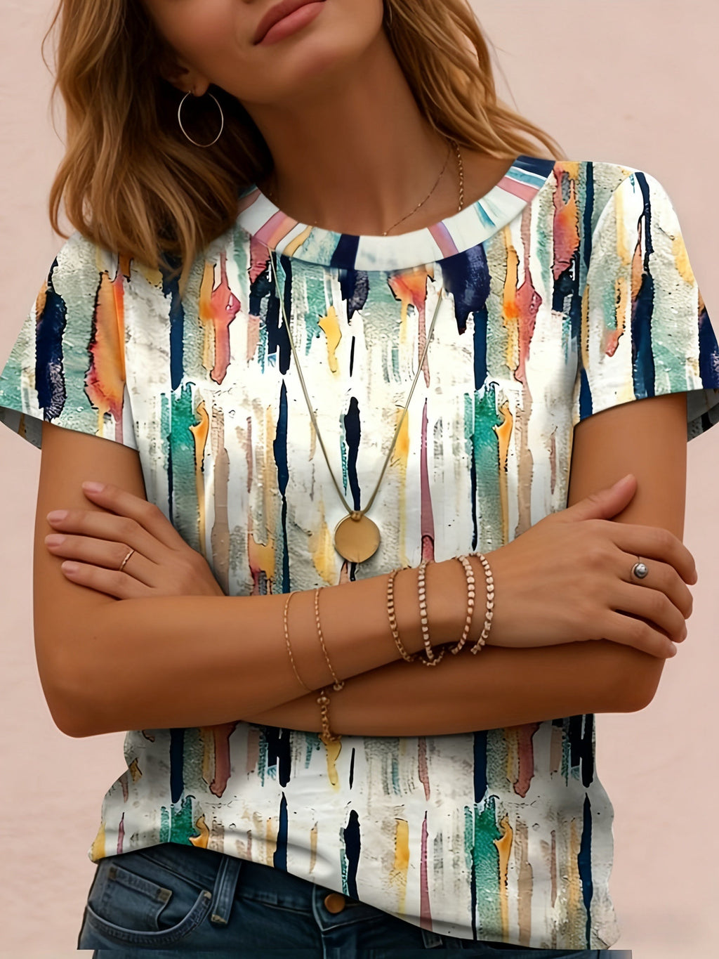 Rumi | Casual T-shirt met print voor dames – Zomertop met geometrische, abstracte strepen