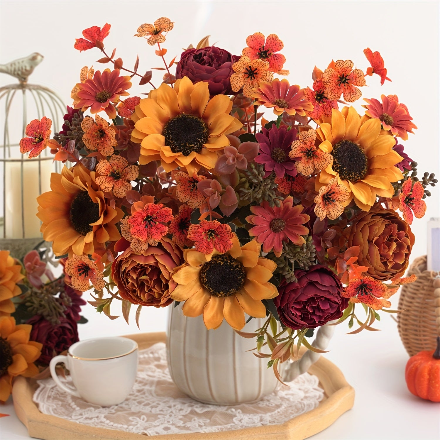 AutumnBloom | 4 stuks kunstbloemenarrangement voor de herfst – boeket met zonnebloemen, pioenrozen en madeliefjes