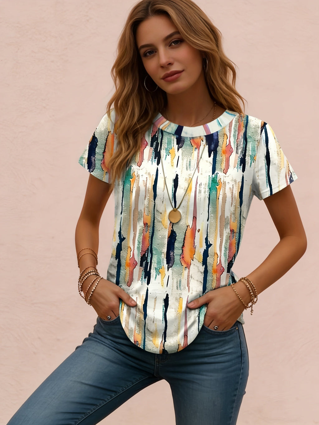 Rumi | Casual T-shirt met print voor dames – Zomertop met geometrische, abstracte strepen