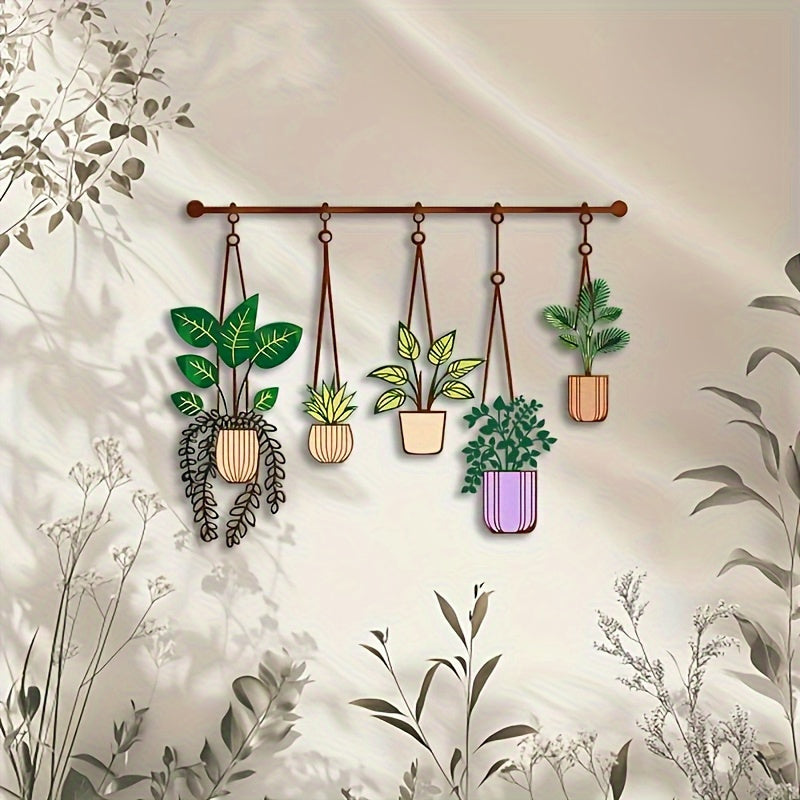 WallFlora | Grote Metalen Plantenwanddecoratie – Bruine Hangende Buizen met Groene & Paarse Potten