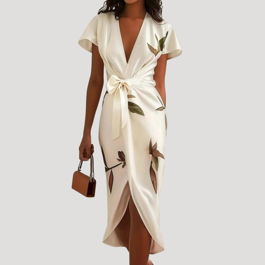 Fara | Dames bloemen wikkel midi-jurk – V-hals jurk met verstelbare taille