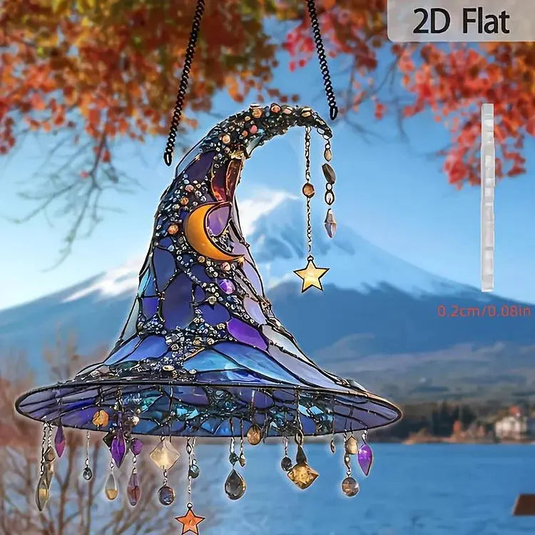 Enchantra | Acryl glas-in-lood heksenhoed ornament – 2D hangende decoratie, kosmische Halloween-decoratie