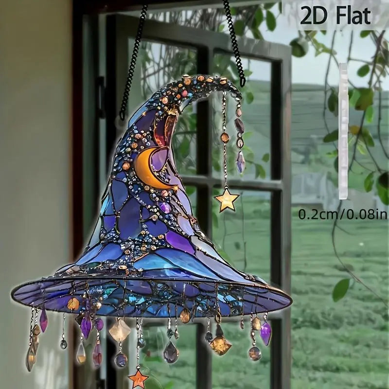 Enchantra | Acryl glas-in-lood heksenhoed ornament – 2D hangende decoratie, kosmische Halloween-decoratie