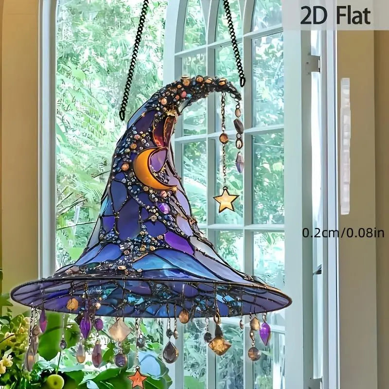Enchantra | Acryl glas-in-lood heksenhoed ornament – 2D hangende decoratie, kosmische Halloween-decoratie