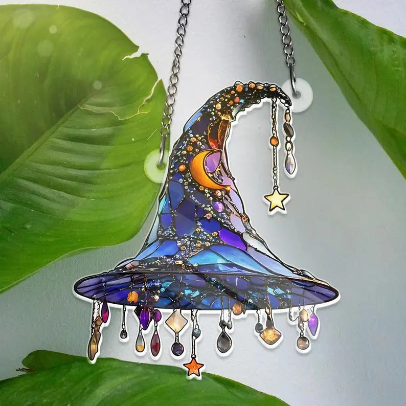 Enchantra | Acryl glas-in-lood heksenhoed ornament – 2D hangende decoratie, kosmische Halloween-decoratie
