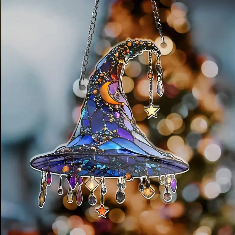 Enchantra | Acryl glas-in-lood heksenhoed ornament – 2D hangende decoratie, kosmische Halloween-decoratie