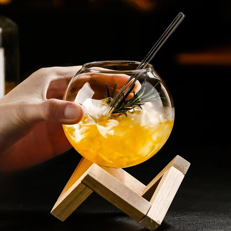 OrbDrink | 500ml bolglas met houten standaard, creatief uniek drinkglas