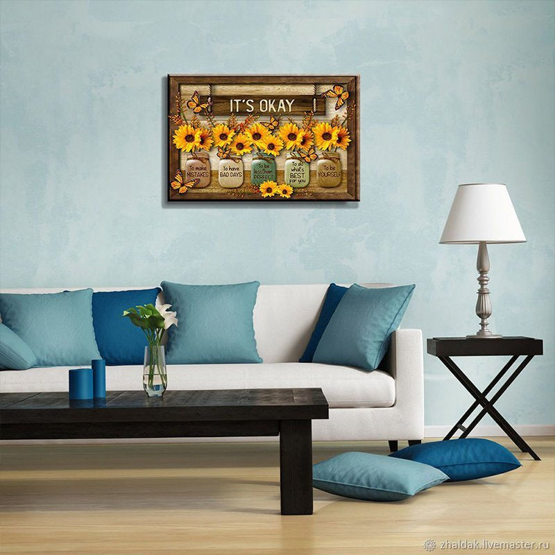 FlutterBloom | Vlinder- en Zonnebloemen Wandkunst Canvas Schilderij met Houten Lijst