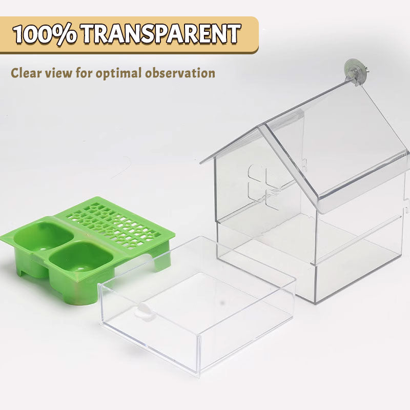 PerchHouse | Vogelvoederstation met dak, transparante 3-in-1 voederbak, bad en waterbak voor kooi of balkon