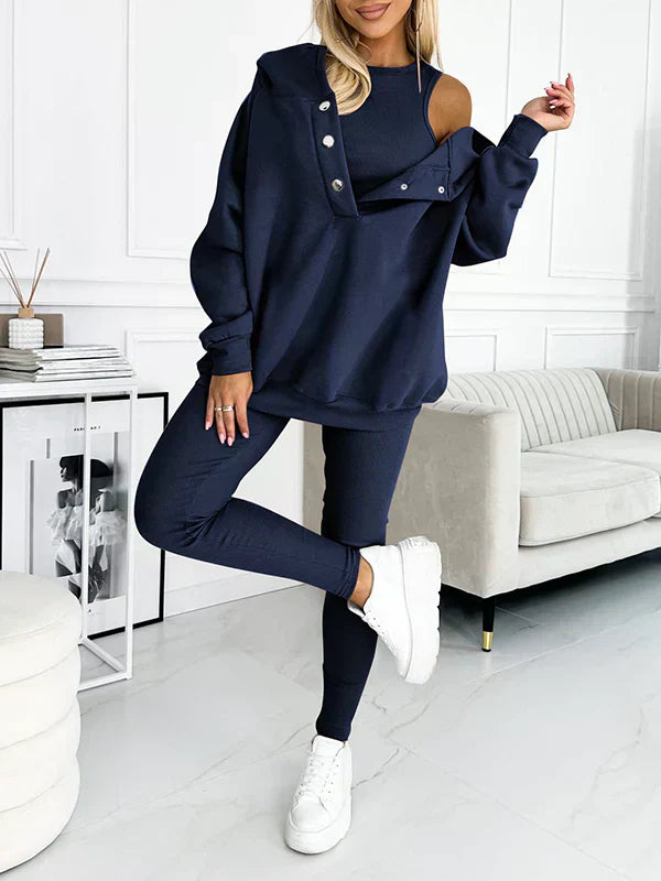 Rydelle | Dames 3-Delige Hoodie Set – Casual Hoodie met Knopen, Tanktop en Legging