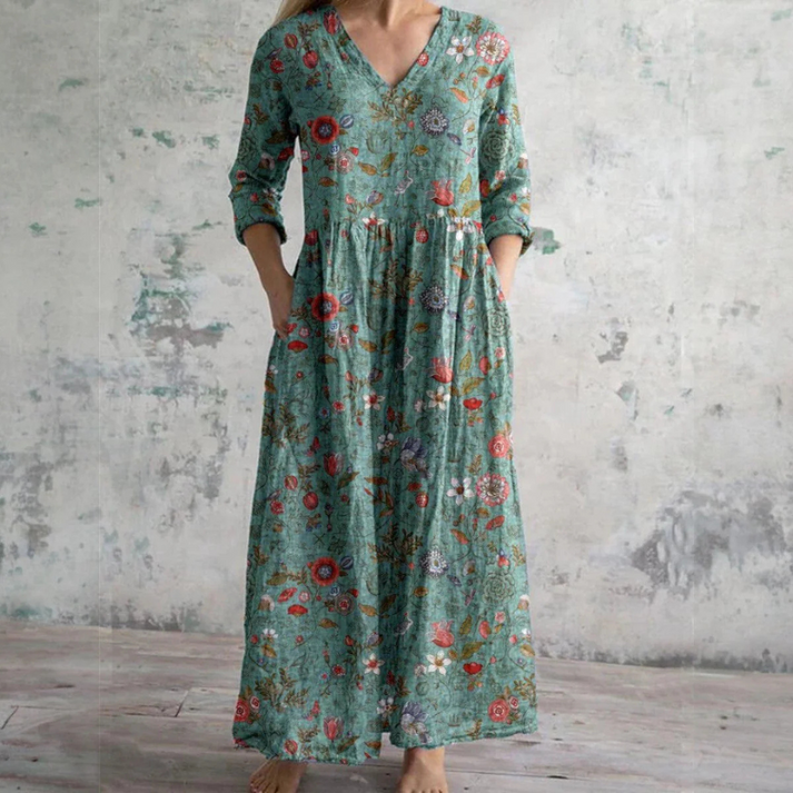 Veda | Vintage maxi-jurk met bloemenprint – Elegante, casual zomerjurk met V-hals voor dames