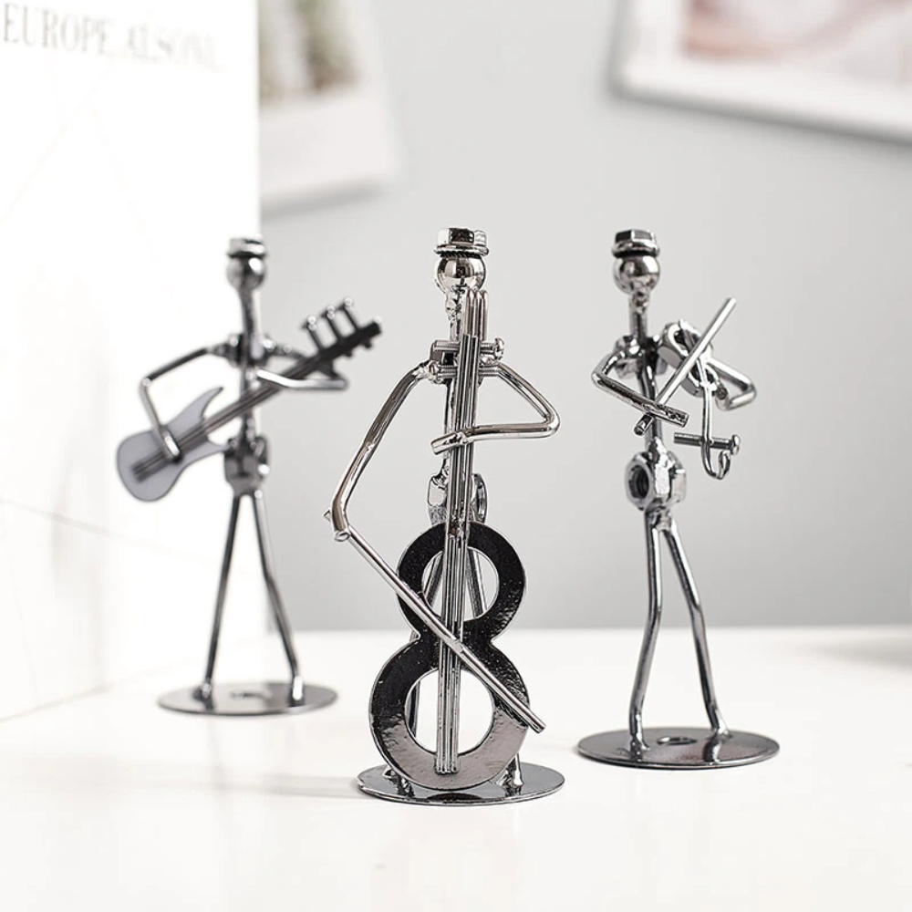 MetalMuse | Rockband Metal-beeldjes – Handgemaakte muzieksculpturen, gitaar- en drummer-tafeldecoratie