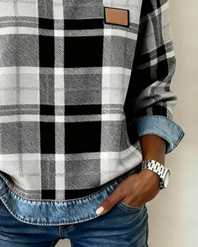 Elvarielle | Dames Geruite Trui – Denim Patchwork Gebreide Casual Trui met Lange Mouwen